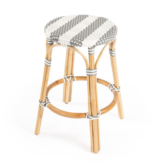 Butler Specialty Company - Tobias 24 in. Seat Height Rattan Round Backless Counter Height Stool with Footrest, Gray/White Stripe - 9371144
