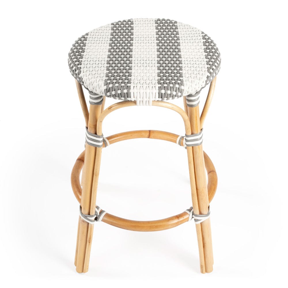 Butler Specialty Company - Tobias 24 in. Seat Height Rattan Round Backless Counter Height Stool with Footrest, Gray/White Stripe - 9371144