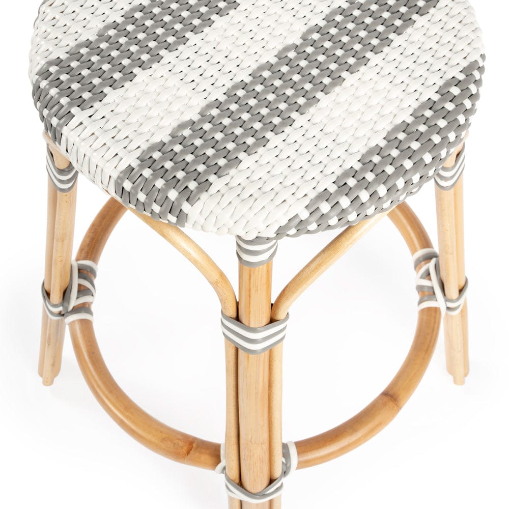 Butler Specialty Company - Tobias 24 in. Seat Height Rattan Round Backless Counter Height Stool with Footrest, Gray/White Stripe - 9371144