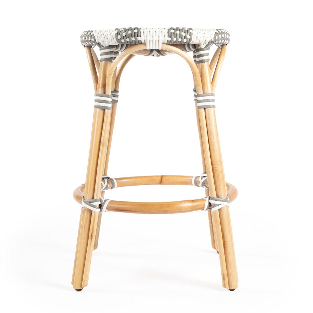 Butler Specialty Company - Tobias 24 in. Seat Height Rattan Round Backless Counter Height Stool with Footrest, Gray/White Stripe - 9371144