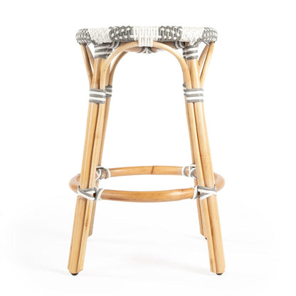 Butler Specialty Company - Tobias 24 in. Seat Height Rattan Round Backless Counter Height Stool with Footrest, Gray/White Stripe - 9371144