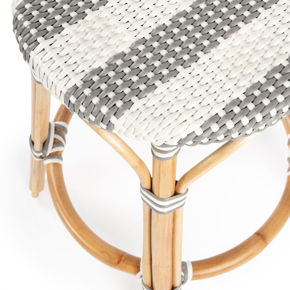 Butler Specialty Company - Tobias 24 in. Seat Height Rattan Round Backless Counter Height Stool with Footrest, Gray/White Stripe - 9371144