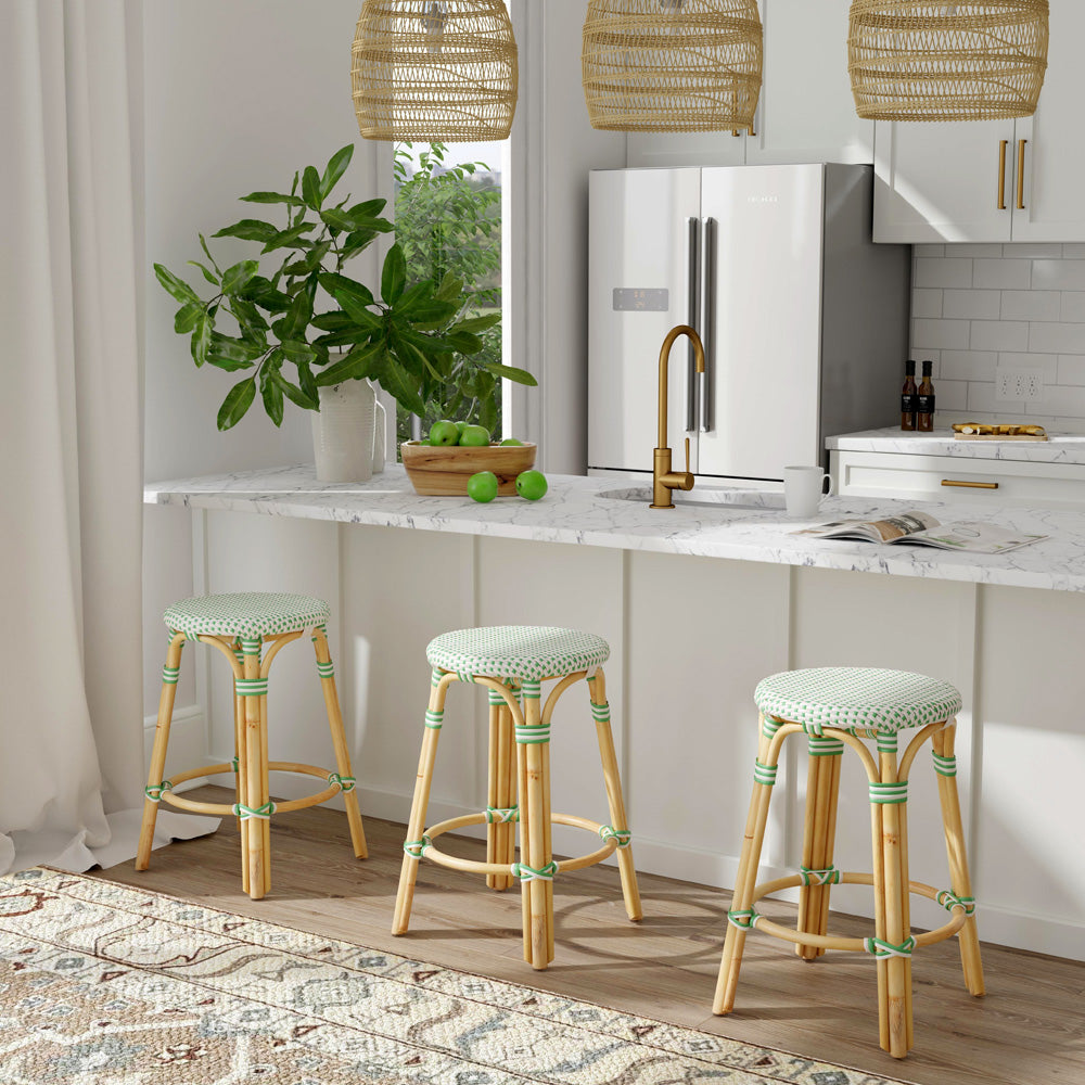 Butler Specialty Company - Tobias 24 in. Seat Height Rattan Round Backless Counter Height Stool with Footrest, Green/White Dot - 9371426