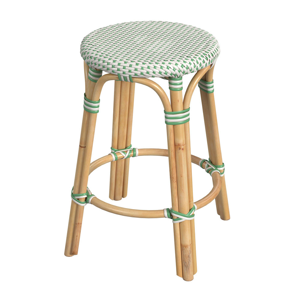 Butler Specialty Company - Tobias 24 in. Seat Height Rattan Round Backless Counter Height Stool with Footrest, Green/White Dot - 9371426