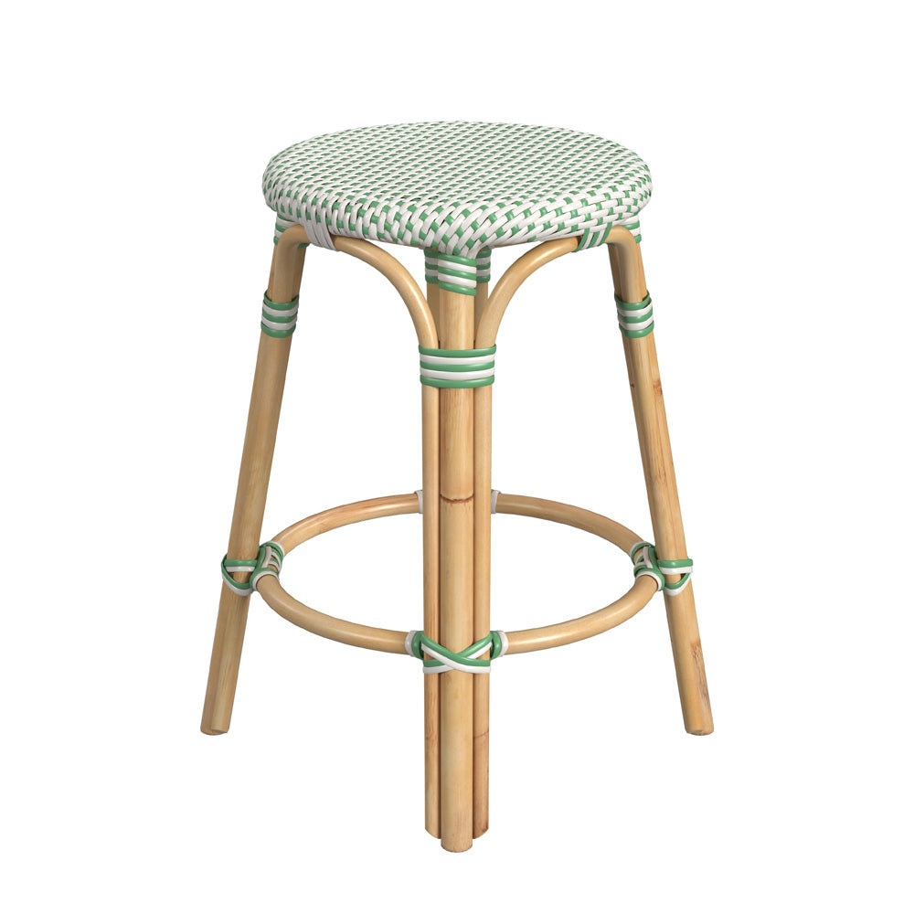 Butler Specialty Company - Tobias 24 in. Seat Height Rattan Round Backless Counter Height Stool with Footrest, Green/White Dot - 9371426
