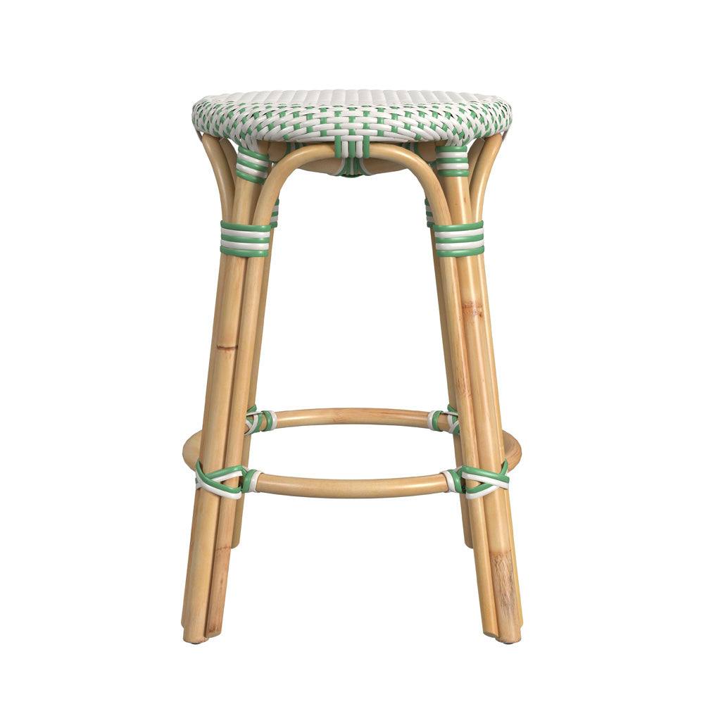 Butler Specialty Company - Tobias 24 in. Seat Height Rattan Round Backless Counter Height Stool with Footrest, Green/White Dot - 9371426