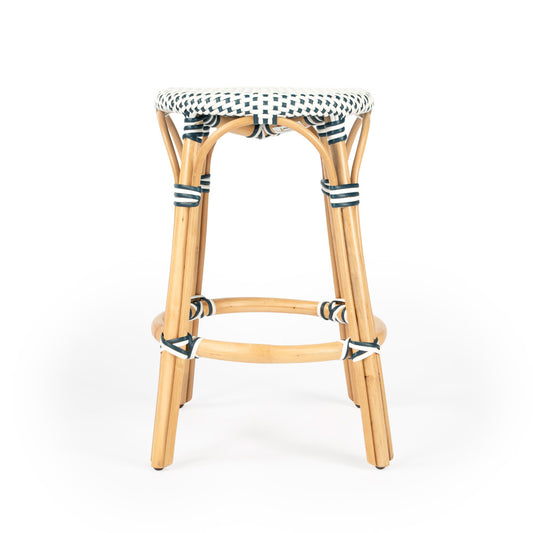 Butler Specialty Company - Tobias 24 in. Seat Height Rattan Round Backless Counter Height Stool with Footrest, Navy/White Dot - 9371222