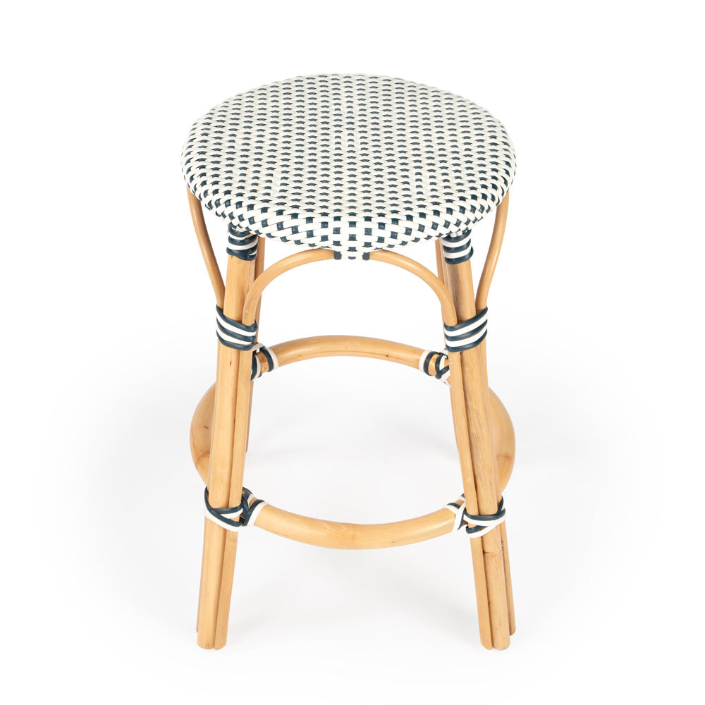 Butler Specialty Company - Tobias 24 in. Seat Height Rattan Round Backless Counter Height Stool with Footrest, Navy/White Dot - 9371222
