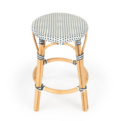 Butler Specialty Company - Tobias 24 in. Seat Height Rattan Round Backless Counter Height Stool with Footrest, Navy/White Dot - 9371222
