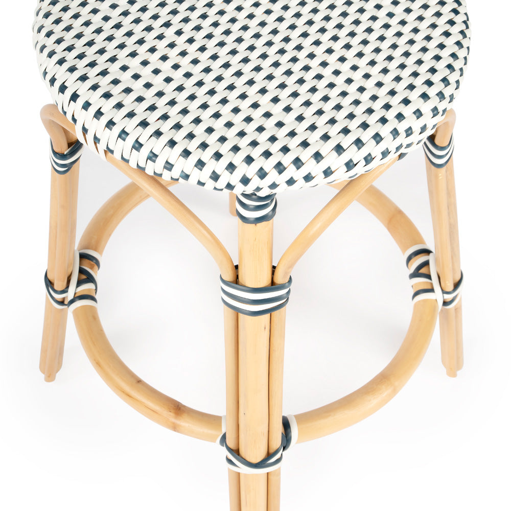 Butler Specialty Company - Tobias 24 in. Seat Height Rattan Round Backless Counter Height Stool with Footrest, Navy/White Dot - 9371222