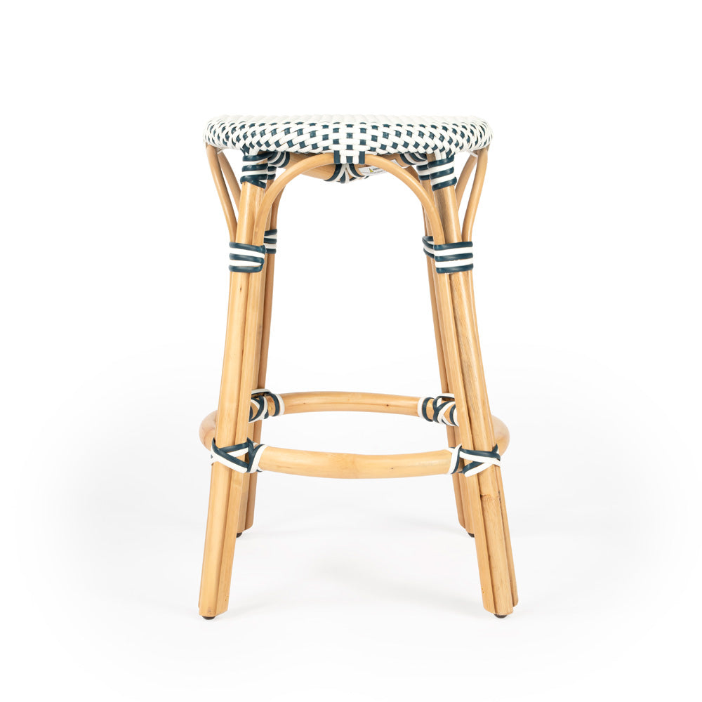 Butler Specialty Company - Tobias 24 in. Seat Height Rattan Round Backless Counter Height Stool with Footrest, Navy/White Dot - 9371222