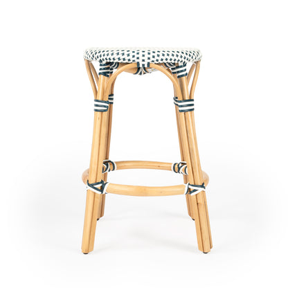 Butler Specialty Company - Tobias 24 in. Seat Height Rattan Round Backless Counter Height Stool with Footrest, Navy/White Dot - 9371222