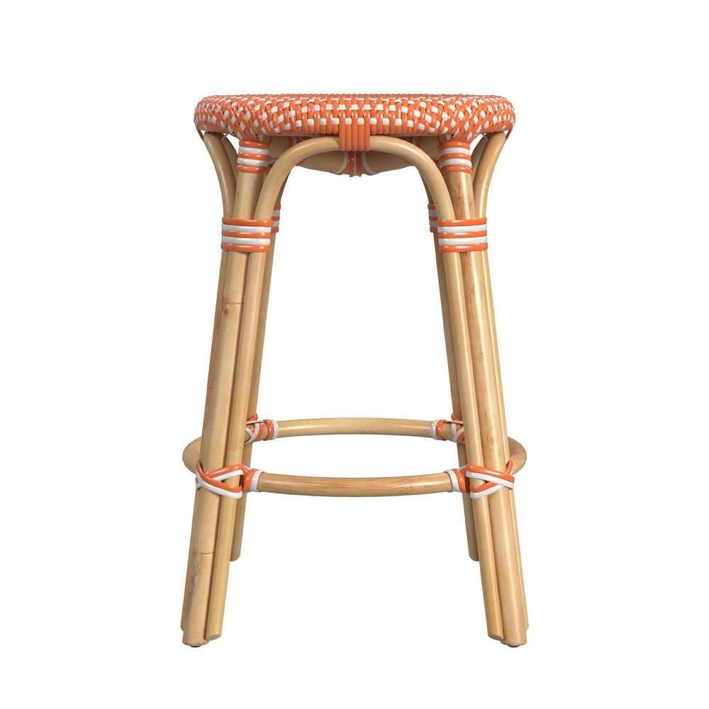 Butler Specialty Company - Tobias 24 in. Seat Height Rattan Round Backless Counter Height Stool with Footrest, Orange/White Dot - 9371427