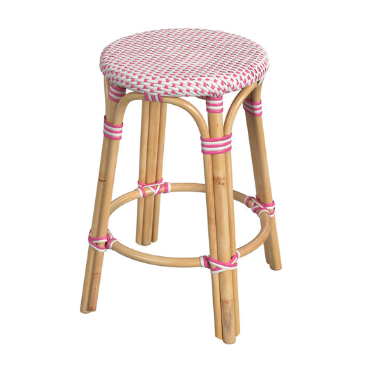 Butler Specialty Company - Tobias 24 in. Seat Height Rattan Round Backless Counter Height Stool with Footrest, Pink/White Dot - 9371428