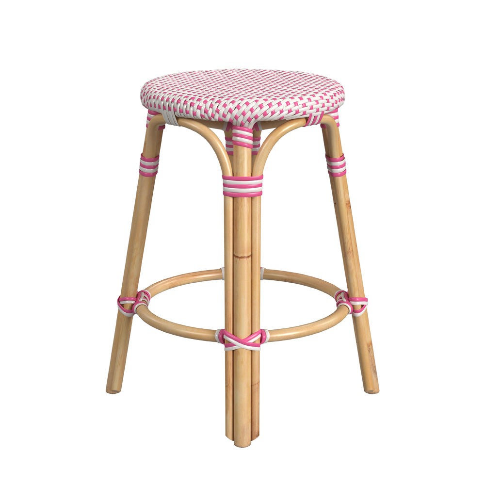Butler Specialty Company - Tobias 24 in. Seat Height Rattan Round Backless Counter Height Stool with Footrest, Pink/White Dot - 9371428