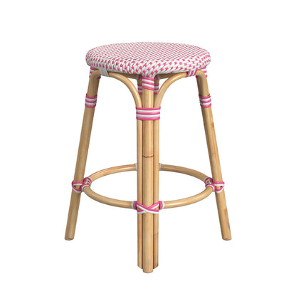 Butler Specialty Company - Tobias 24 in. Seat Height Rattan Round Backless Counter Height Stool with Footrest, Pink/White Dot - 9371428