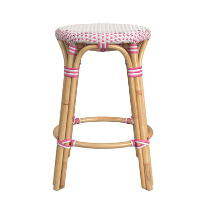 Butler Specialty Company - Tobias 24 in. Seat Height Rattan Round Backless Counter Height Stool with Footrest, Pink/White Dot - 9371428