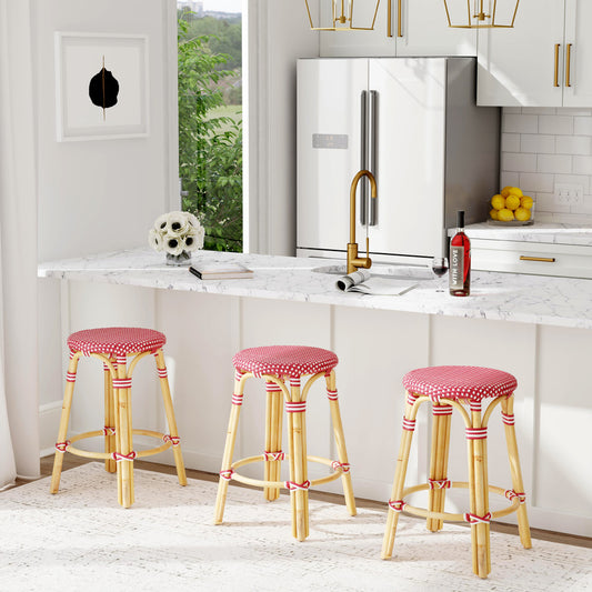 Butler Specialty Company - Tobias 24 in. Seat Height Rattan Round Backless Counter Height Stool with Footrest, Red/White Dot - 9371430