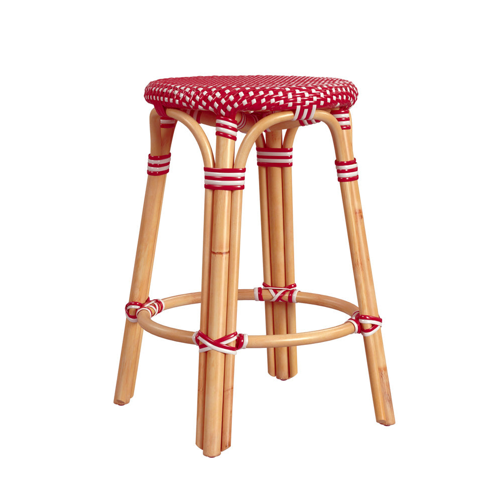 Butler Specialty Company - Tobias 24 in. Seat Height Rattan Round Backless Counter Height Stool with Footrest, Red/White Dot - 9371430