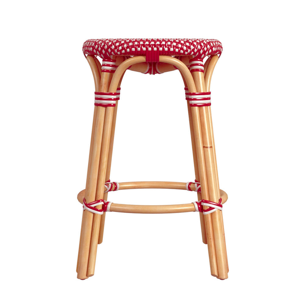 Butler Specialty Company - Tobias 24 in. Seat Height Rattan Round Backless Counter Height Stool with Footrest, Red/White Dot - 9371430