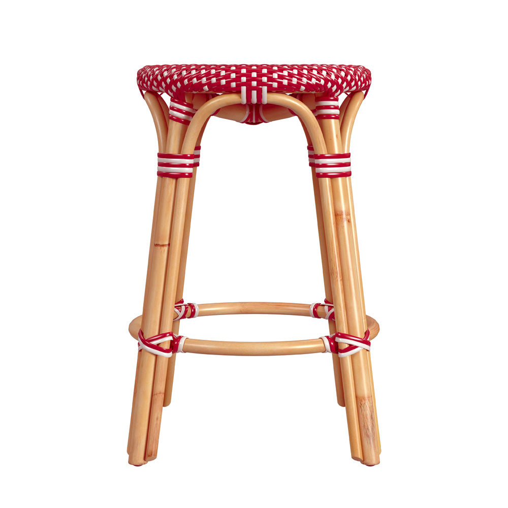 Butler Specialty Company - Tobias 24 in. Seat Height Rattan Round Backless Counter Height Stool with Footrest, Red/White Dot - 9371430