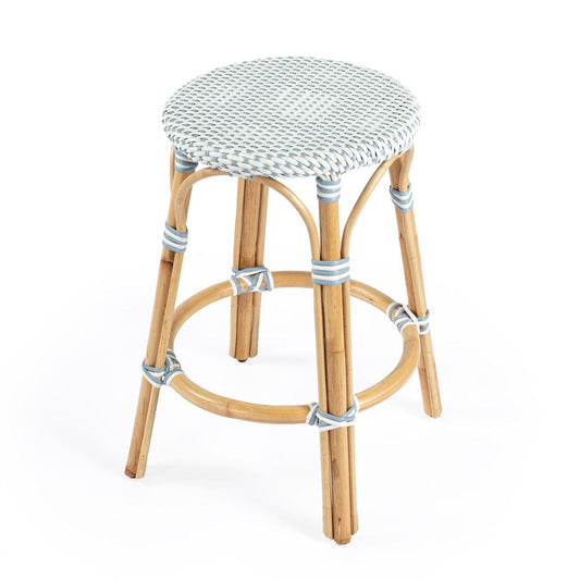 Butler Specialty Company - Tobias 24 in. Seat Height Rattan Round Backless Counter Height Stool with Footrest, Sky Blue/White Dot - 9371194