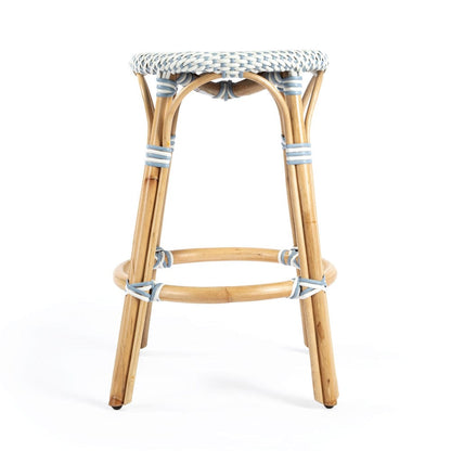 Butler Specialty Company - Tobias 24 in. Seat Height Rattan Round Backless Counter Height Stool with Footrest, Sky Blue/White Dot - 9371194