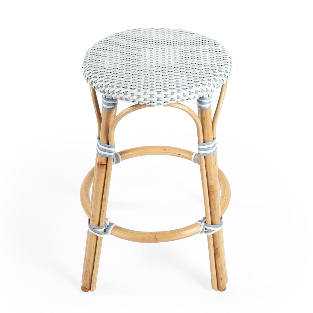 Butler Specialty Company - Tobias 24 in. Seat Height Rattan Round Backless Counter Height Stool with Footrest, Sky Blue/White Dot - 9371194