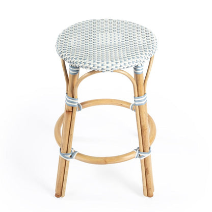 Butler Specialty Company - Tobias 24 in. Seat Height Rattan Round Backless Counter Height Stool with Footrest, Sky Blue/White Dot - 9371194