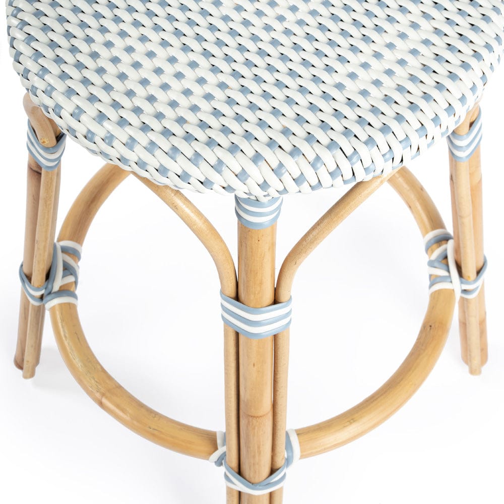 Butler Specialty Company - Tobias 24 in. Seat Height Rattan Round Backless Counter Height Stool with Footrest, Sky Blue/White Dot - 9371194