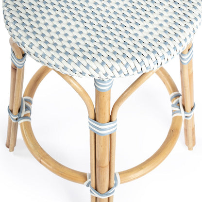 Butler Specialty Company - Tobias 24 in. Seat Height Rattan Round Backless Counter Height Stool with Footrest, Sky Blue/White Dot - 9371194