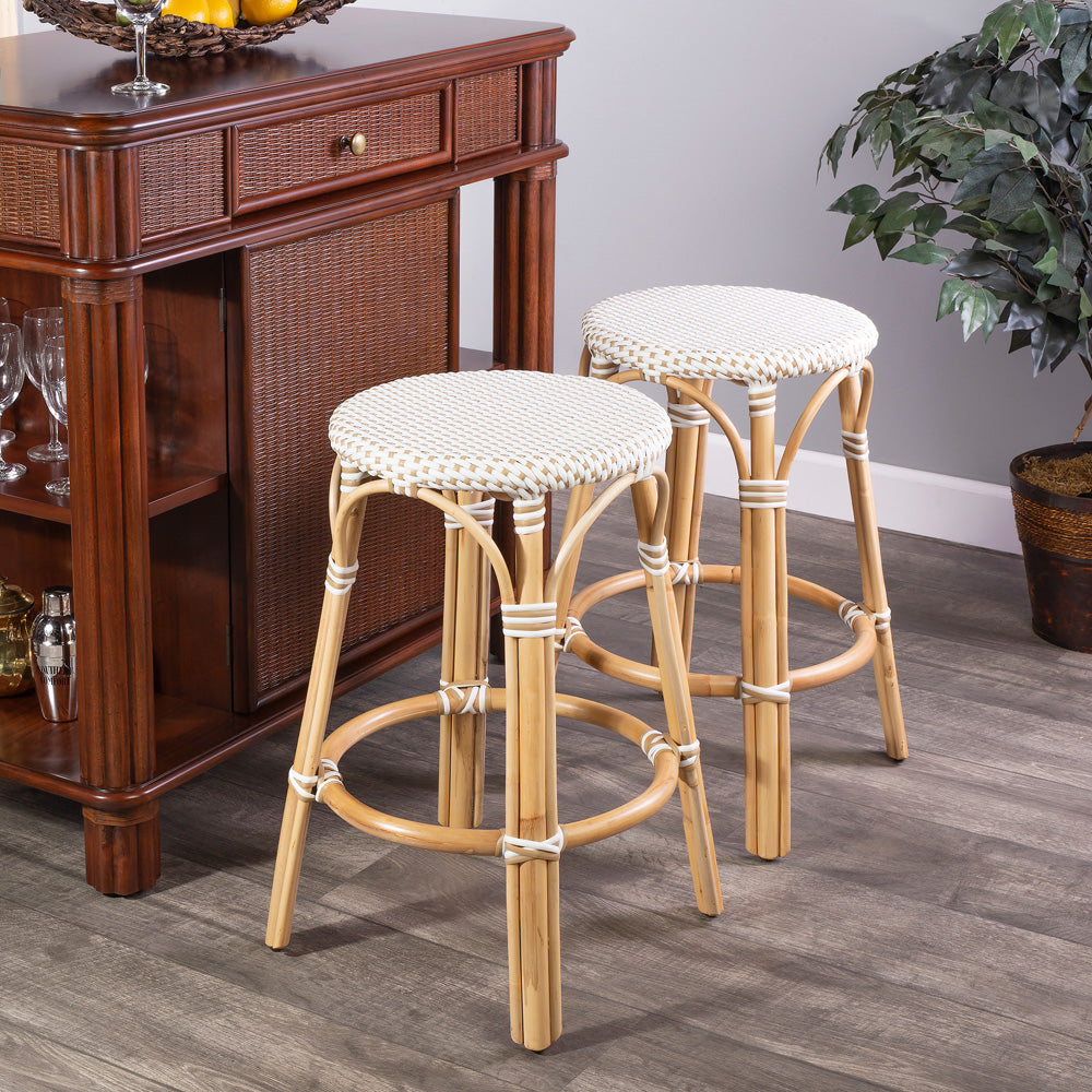 Butler Specialty Company - Tobias 24 in. Seat Height Rattan Round Backless Counter Height Stool with Footrest, Tan/White Dot - 9371415
