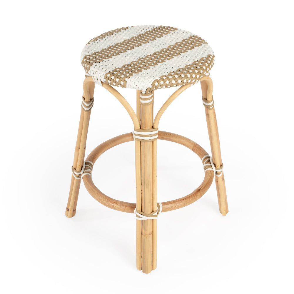 Butler Specialty Company - Tobias 24 in. Seat Height Rattan Round Backless Counter Height Stool with Footrest, Tan/White Stripe - 9371984