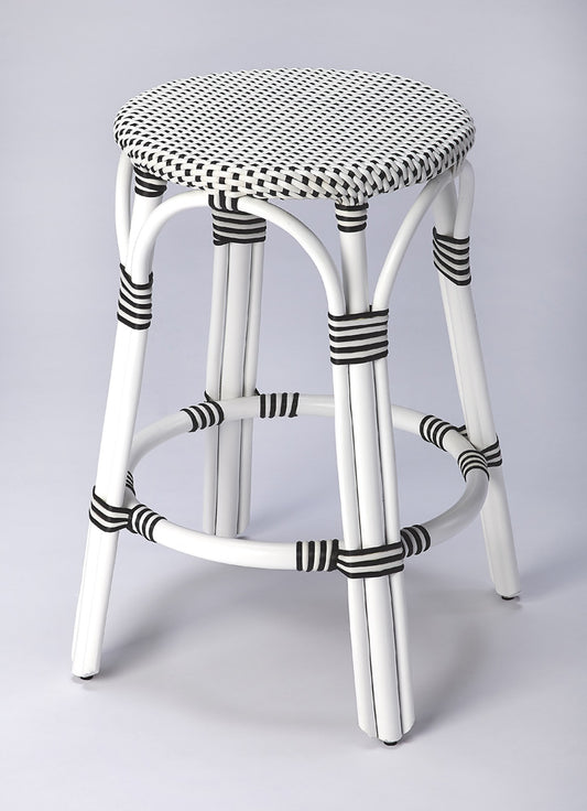 Butler Specialty Company - Tobias 24 in. Seat Height Rattan Round Backless Counter Height Stool with Footrest, White/Black Dot - 9371288