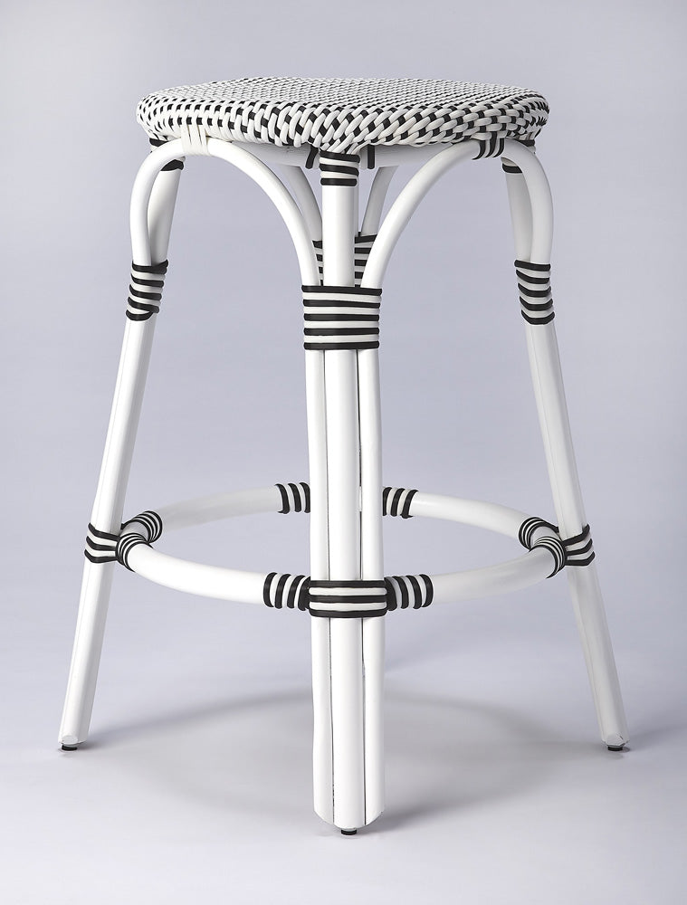 Butler Specialty Company - Tobias 24 in. Seat Height Rattan Round Backless Counter Height Stool with Footrest, White/Black Dot - 9371288