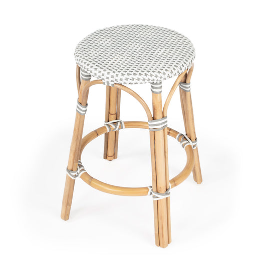 Butler Specialty Company - Tobias 24 in. Seat Height Rattan Round Backless Counter Height Stool with Footrest, White/Gray Dot - 9371329