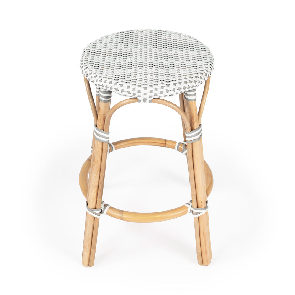 Butler Specialty Company - Tobias 24 in. Seat Height Rattan Round Backless Counter Height Stool with Footrest, White/Gray Dot - 9371329