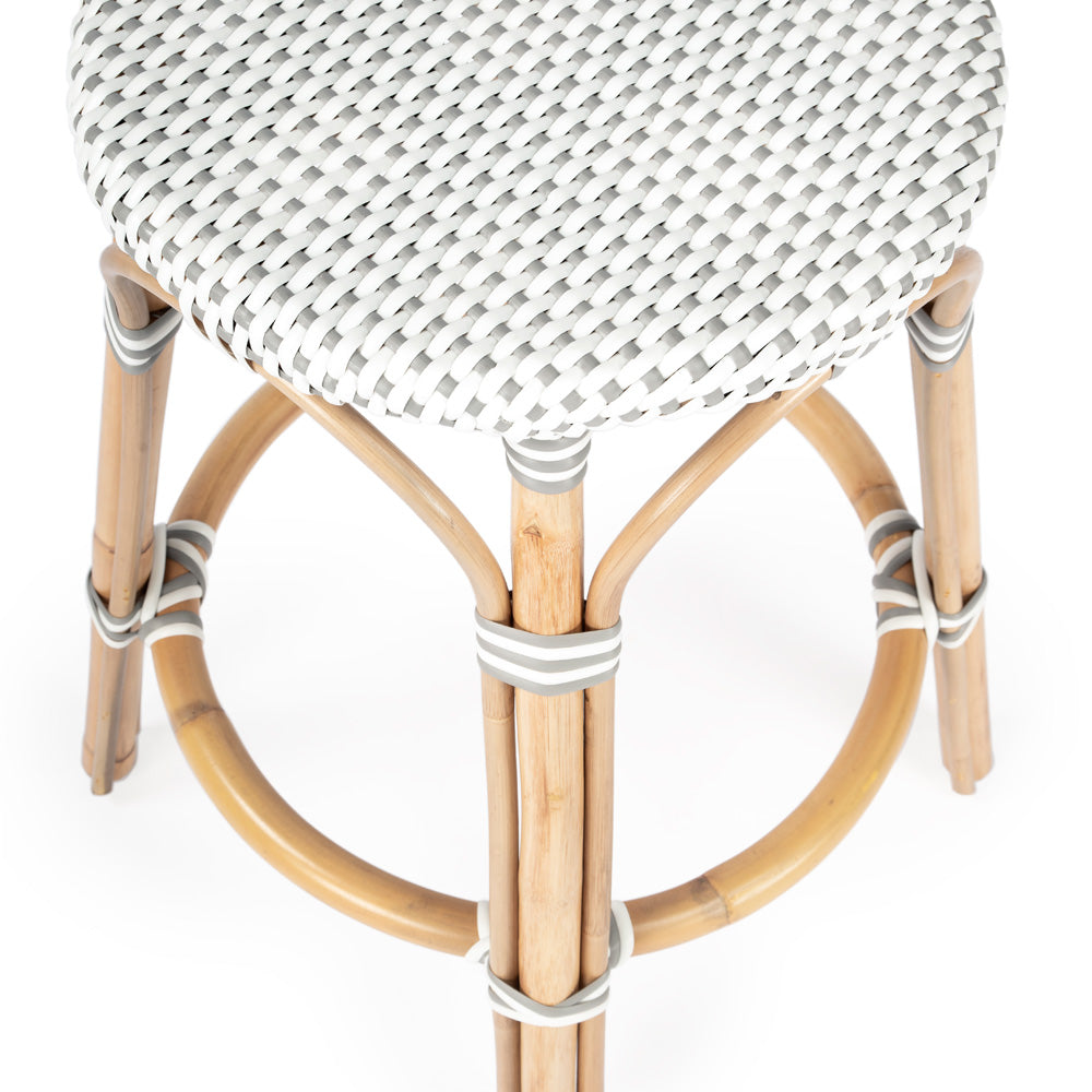Butler Specialty Company - Tobias 24 in. Seat Height Rattan Round Backless Counter Height Stool with Footrest, White/Gray Dot - 9371329