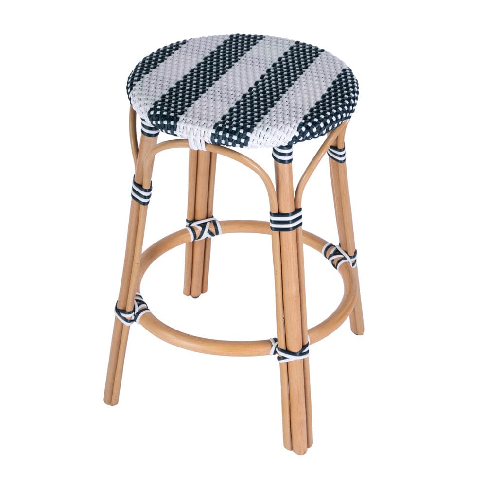 Butler Specialty Company - Tobias 24 in. Seat Height Rattan Round Backless Counter Height Stool with Footrest, White/Navy Stripe - 9371291
