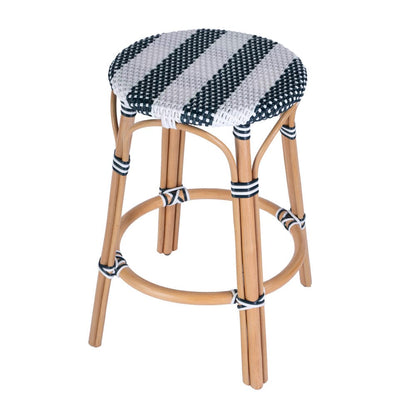 Butler Specialty Company - Tobias 24 in. Seat Height Rattan Round Backless Counter Height Stool with Footrest, White/Navy Stripe - 9371291