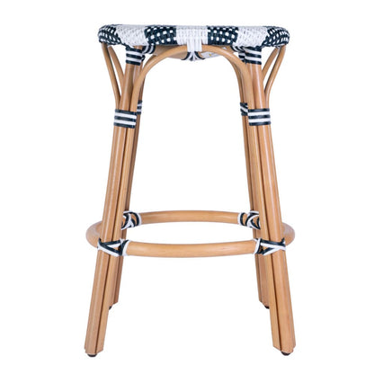 Butler Specialty Company - Tobias 24 in. Seat Height Rattan Round Backless Counter Height Stool with Footrest, White/Navy Stripe - 9371291