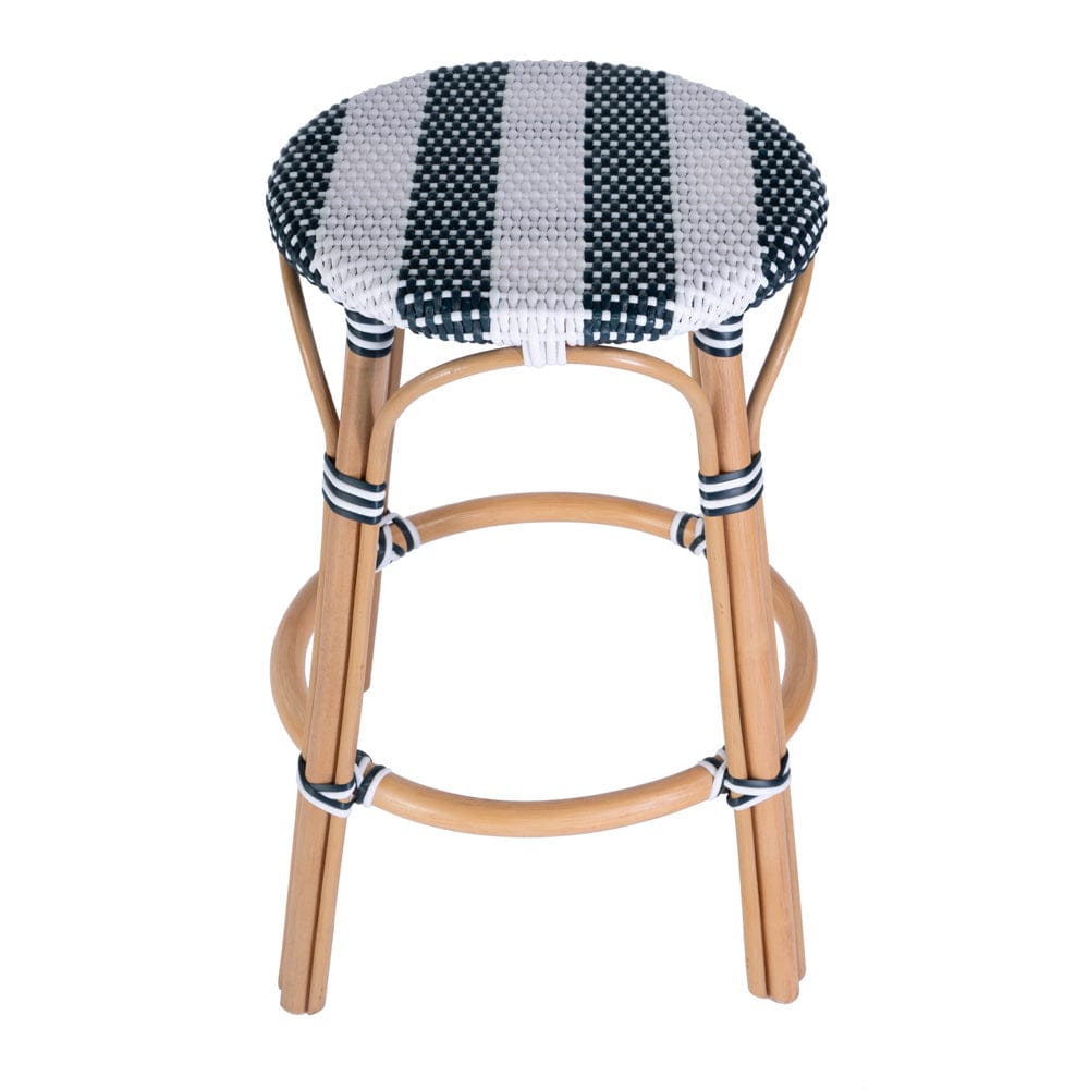 Butler Specialty Company - Tobias 24 in. Seat Height Rattan Round Backless Counter Height Stool with Footrest, White/Navy Stripe - 9371291