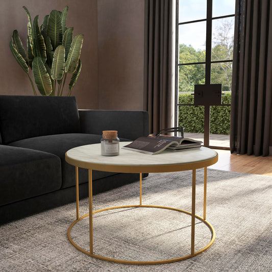 Butler Specialty Company - Triton 34 in. W Round Marble & Metal Coffee Table, White/Gold - 9392389