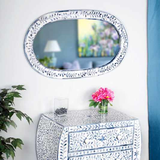 Butler Specialty Company - Trubadur 23.25 in. H x 40 in. W Oval Bone Inlay & Wood Wall Mirror, White. Blue - 5528417