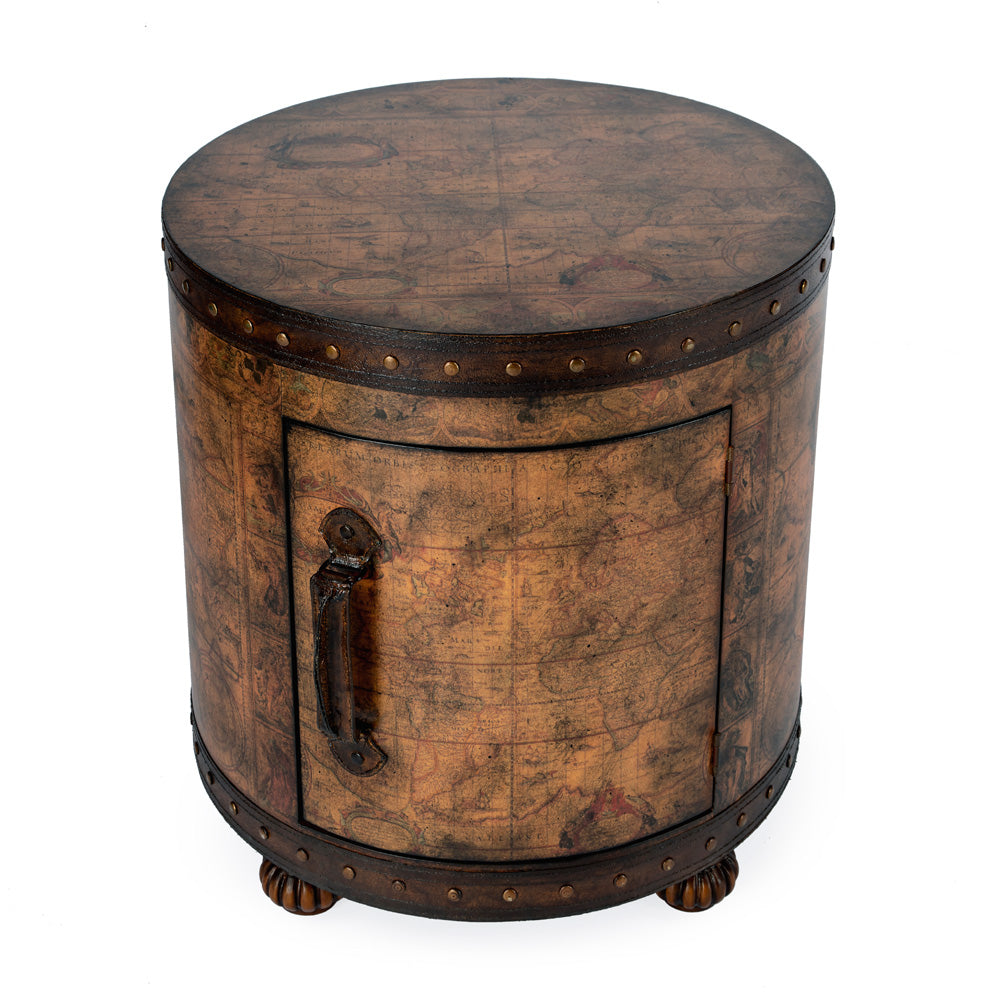 Butler Specialty Company - Heritage - Vasco 20 in. W Round Wood & Leather Old World Map Duffel Table, Light Brown - 583070