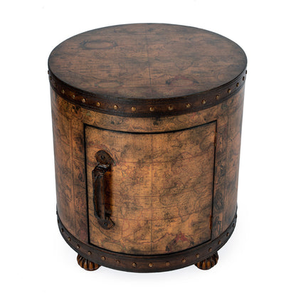 Butler Specialty Company - Heritage - Vasco 20 in. W Round Wood & Leather Old World Map Duffel Table, Light Brown - 583070