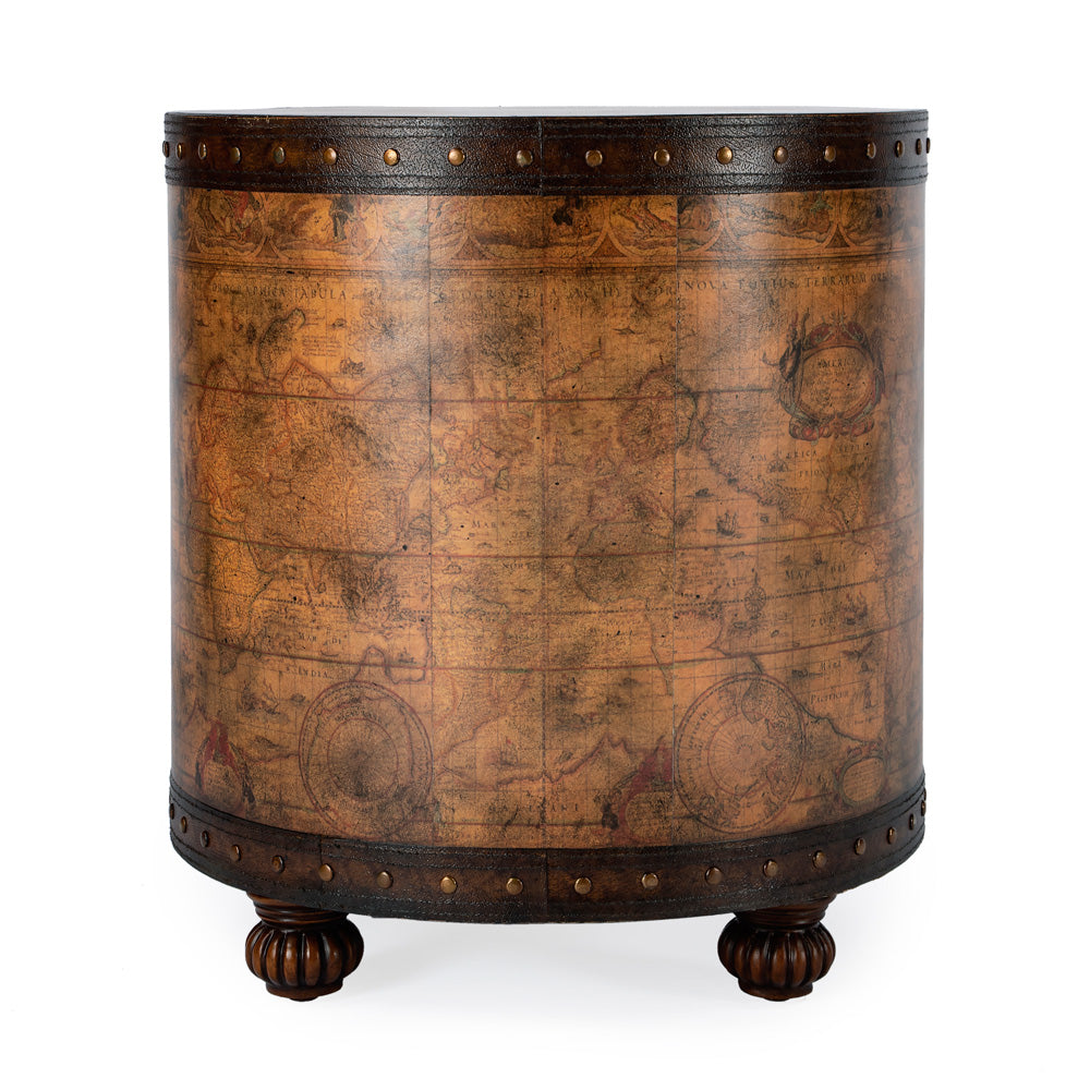 Butler Specialty Company - Heritage - Vasco 20 in. W Round Wood & Leather Old World Map Duffel Table, Light Brown - 583070