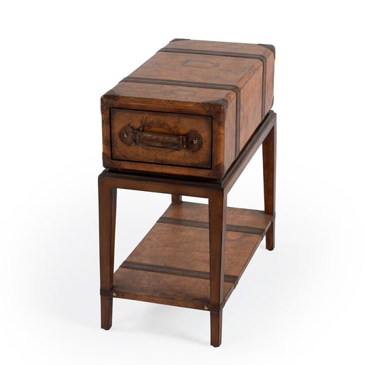Butler Specialty Company - Heritage - Vasco 24 in. W Rectangular Wood & Faux Leather 1 Drawer & Lower Shelf Old World Map Side Table, Medium Brown - 5562070