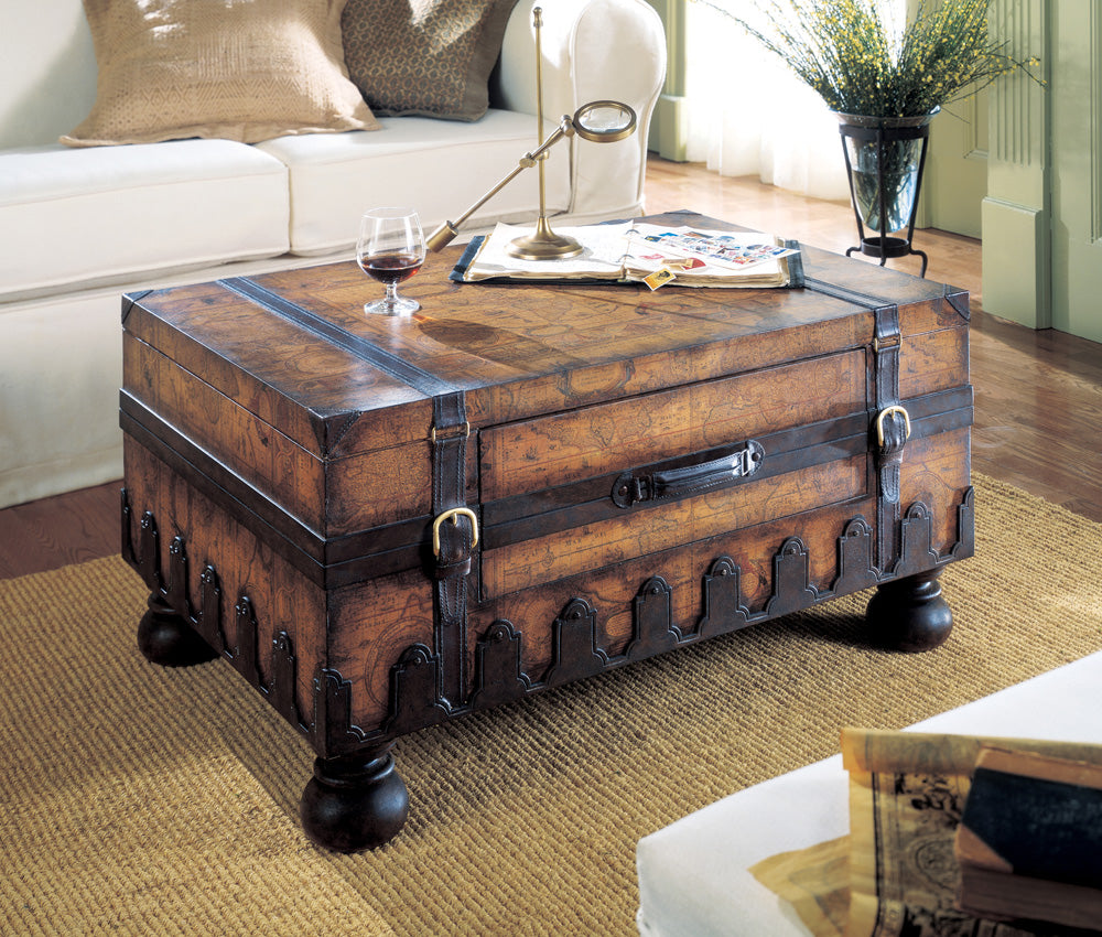 Butler Specialty Company - Heritage - Vasco 36 in. W Rectangular Wood & Leather Old World Map Trunk Table, Light Brown - 576070