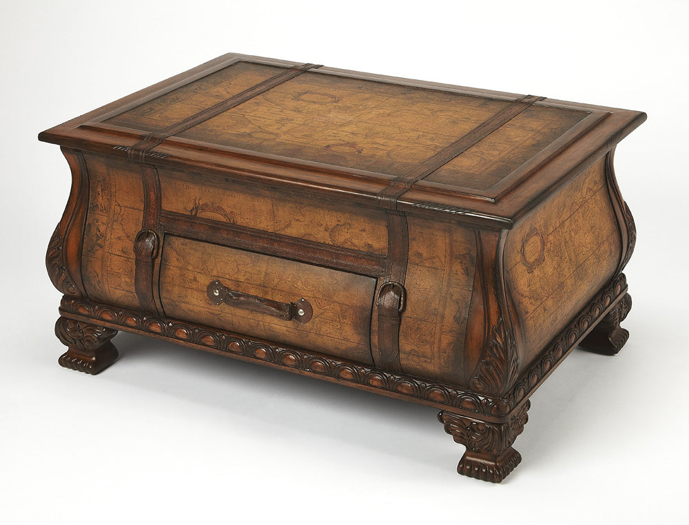 Butler Specialty Company - Heritage - Vasco 38 in. W Rectangular Wood Bombe Old World Map Trunk Table, Light Brown - 553070